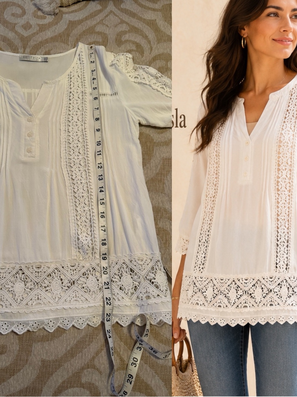 Solitaire Ravi Khosla White Crochet Lace Boho Tunic Blouse Medium - Picture 5 of 13